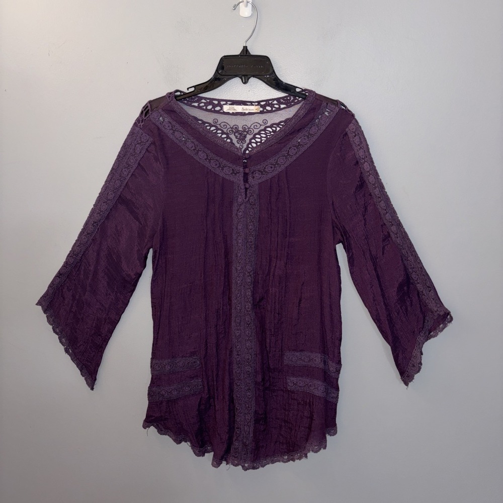 Solitaire Purple Bohemian Blouse Embroidery Lace Size L Gauzy Hippie Whimsigoth